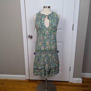 Poupette St Barth | Green Floral Sleeveless Keyhole Mini Dress Tassel Size Mediu